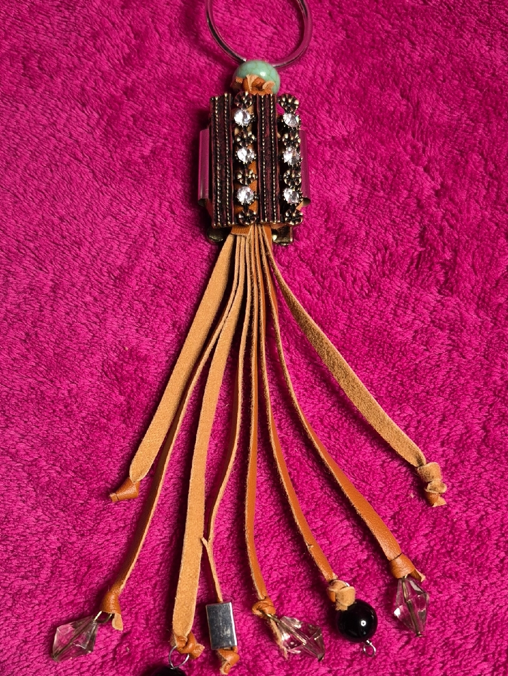 Hand Crafted Tan Leather Tassel Keychain with Crystal Beads